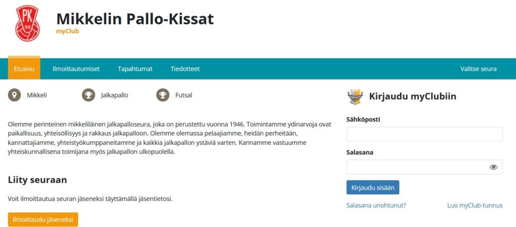Liittyminen tapahtuu näin: Siirry MiPK:n myClub-jäsenrekisteriin alla olevan linkin kautta Rekisteröidy ja täytä vaaditut tiedot huolellisesti Vahvista jäsenyytesi ohjeiden mukaisesti